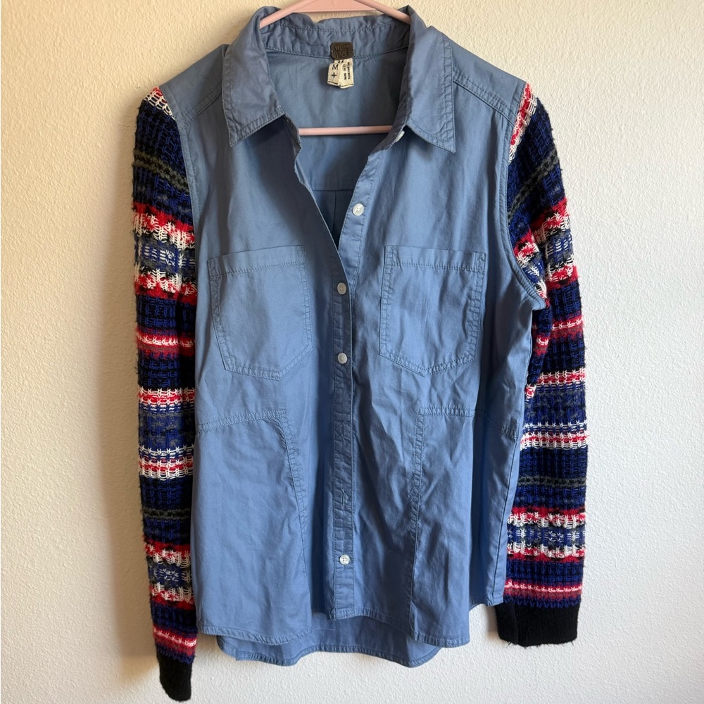 We The Free Blue Shirt with Knit Accents - Picture 1 of 4